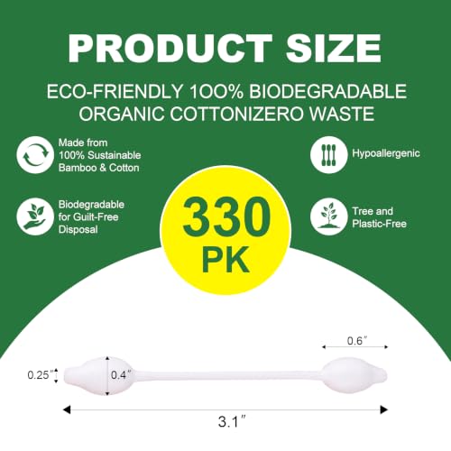 RIKWOG Baby Swabs 330 Count 6-Pack Large Safety Tip Organic Cotton with Paper Sticks