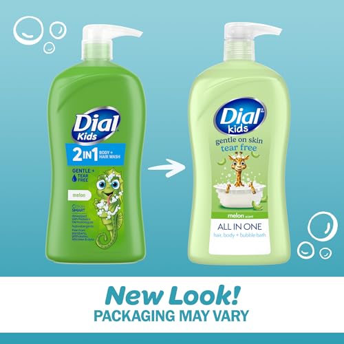 Dial Kids All-in-1 Body Wash + Hair + Bubble Bath, Melon Scent, 32 Fl Oz, Hypoallergenic Body Wash & Shampoo, No Tears Formula for Kids 2+ Years, No Parabens & Silicones