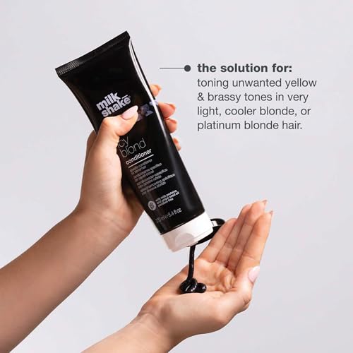 milk_shake icy blond conditioner | award winning toning conditioner with black pigment to neutralize yellow and brass in platinum blonde hair | hydrates and brightens cool tones