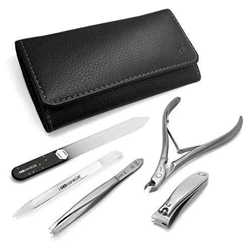 GERMANIKURE 5pc Manicure Set in Leather Case - FINOX Stainless steel tools handmade in Solingen Germany ? Professional Nail and Cuticle Care Travel Implements