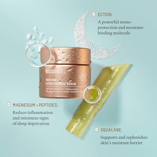 Biossance Squalane + Ectoin Overnight Rescue Face Cream ? Intensive 24h Hydration for Dry/Sensitive Skin ? Boosts Repair, Smoothens, Rejuvenates ? Use as Moisturizer/Overnight Mask, 1.7oz