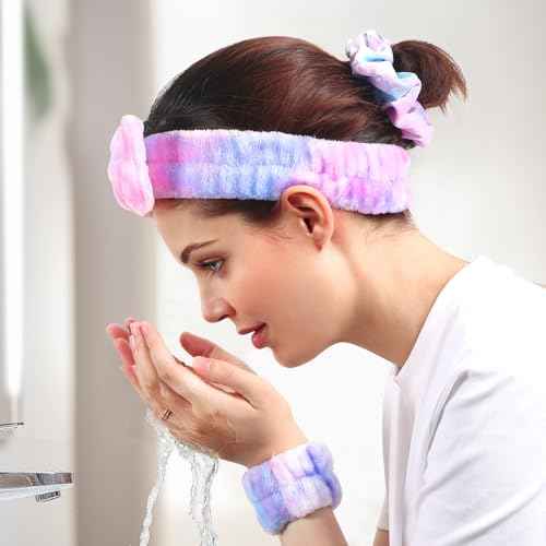 WSYUB Spa Headband and Wristband Set with Hair Scrunchies, Face Wash Headbands, Makeup Skincare Headband Wrist Bands for Washing Face