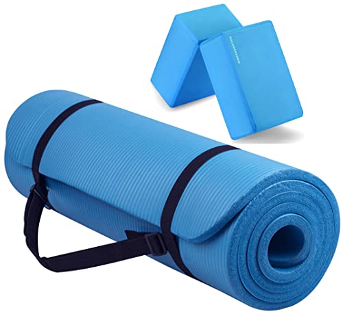 Signature Fitness All Purpose 1/2-Inch Extra Thick High Density Anti-Tear Exercise Yoga Mat with Carrying Strap and Yoga Blocks, Blue