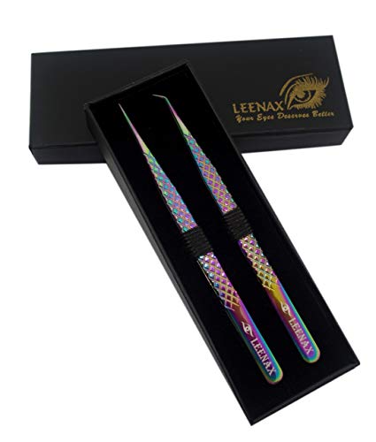 Eyelash Extension Tweezers Fiber Tip (Anti – Slip) Set of 2 pieces straight & curved with Diamond Grip, Rainbow Colour,14cm, volume Tweezers, Lash Extension Precision tweezers. (Multi)