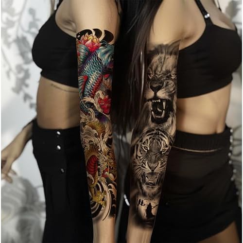 Christmas 6 Sheets Full Arm and 8 Sheets Half Arm Temporary Tattoos for Men Adults, Flower Temp Tattoos Sleeve For Women, Waterproof Body Arm Chest Shoulder Floral Fake Tattoo Stickers