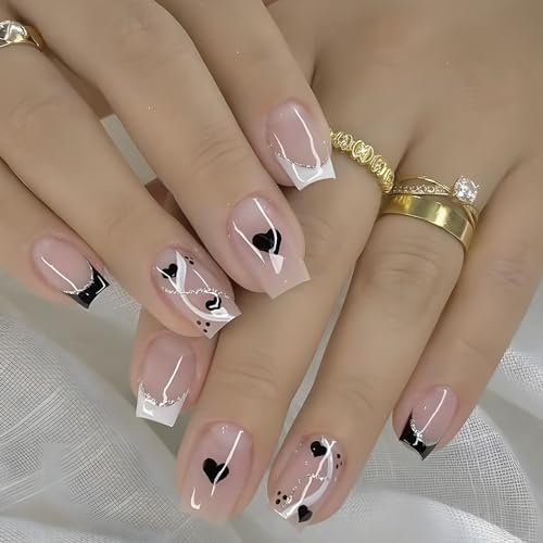 RTKHFZE Valentines Press on Nails Square,Medium Fake Nails French Tip Glue on Nails with Swirl and Heart/Love Designs False Nails 24Pcs Nude Pink Glossy Acrylic Nails for Women Girls