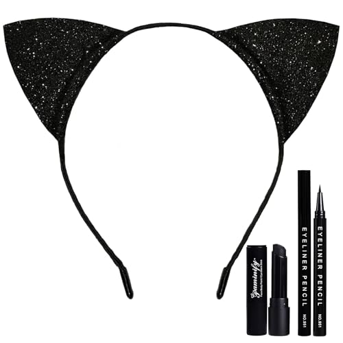 Halloween Cat Costume Makeup Kit for Women,Black Cat Ears Headband with Eyeliner and Lipstick,Black Face Paint Stick,Halloween Headband Cosplay Accessories for Adults