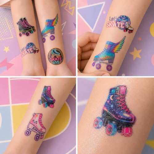 96PCS Neon Roller Skate Temporary Tattoos - 80s 90s Theme