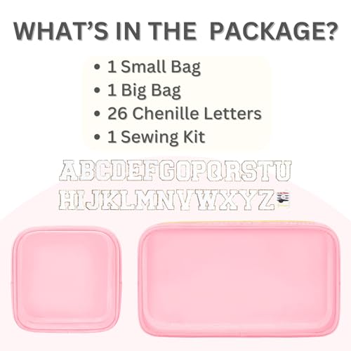2PCS Personalized Makeup Preppy Bag Set, 2PCS Toiletry Bag & 26 Chenille Letters, Clear Makeup Pouch, Birthday Gifts for Girls (Pink)