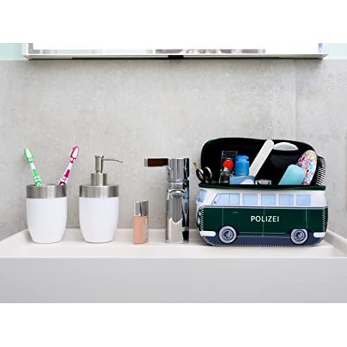BRISA VW Collection - Volkswagen Neoprene Universal Makeup Cosmetics Toiletry Travel Pharmacy Bag in T1 Bus Design (Police/Green) (Small (9.1 x 4.3 x 3.1 inches))
