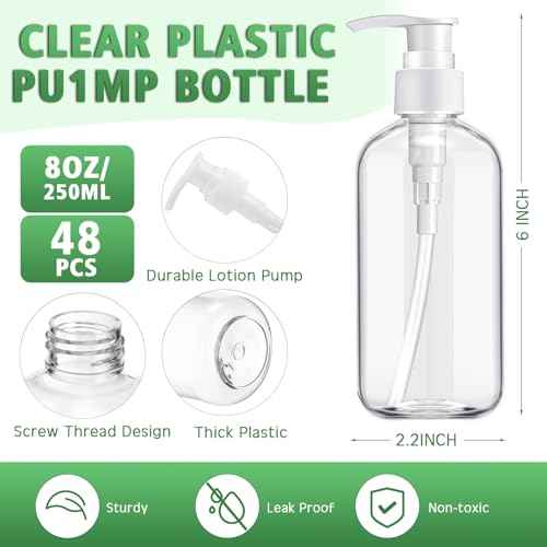 Gerrii 60 Pcs 8 oz/ 250 ml Plastic Empty Pump Bottles Lotion Clear Refillable Plastic Bottles with Pumps Dispenser Portable Travel Container for Body Wash, Liquid Soap, Massage Oil(White Pump)
