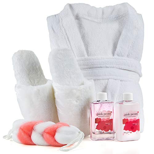 Luxury Home Spa Gift Basket with Pink Peony Scent - Indulgent Ultra Soft Bathrobe & Plush Slipper Spa Box for Women - Complete Bath & Body Set Luxury Body Care ? Mother's Day Gift for Mom