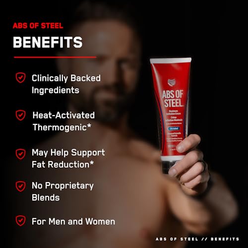 SteelFit Abs of Steel | Heat-Activated Maximum Definition Cream | 15-20 Days of Supply | Skin Firming Lotion for Sculpting Abs | L-Carnitine Supplement | Pre & Post Workout for Men & Women