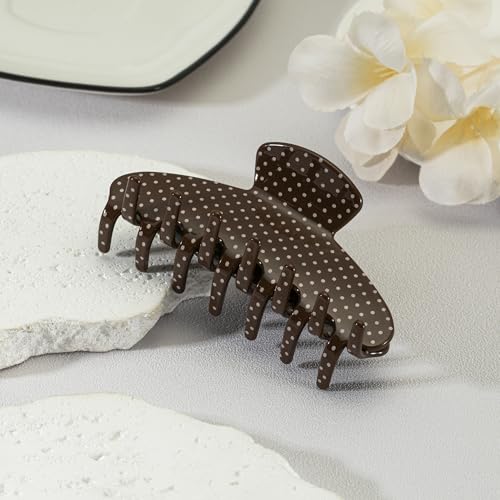 Mixcbe Large Acetate 4 Inch French Style Hair Claw Clip for Women - Coffee Polka Dots