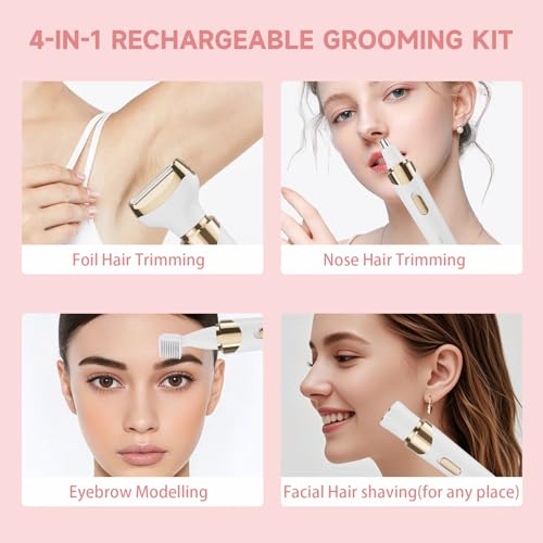 Electric Razor for Women,4 in 1 Womens Shaver Electric Bikini Trimmer Pubic Hair Removal Wet & Dry Painless Shaver for Legs Underarms Eyebrow Face Nose and Bikini Grooming Kit for Women 3021 White