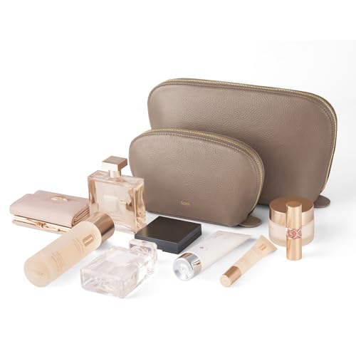 Kattee Medium Leather Makeup Bag - Khaki Travel Cosmetic Case
