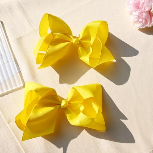 6 PCS Grosgrain Ribbon Hair Bows with Alligator Clips - Solid Color Hair Accessories for Toddlers and Kids (Yellow)