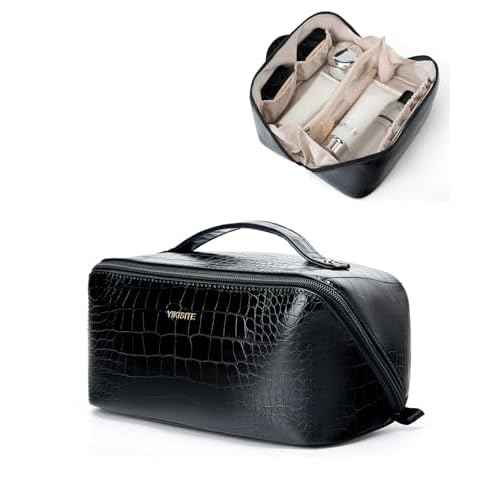 Make Up Bag, Cosmetic Organizer for Women, Waterproof Croc PU Leather Makeup Organizer with Divider and Handle Toiletry Bag Travel Bag (Croc Embossed, Black)