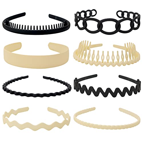 Drnytunk Unisex Hair Band 8Pcs Plastic Headband with Teeth Head Bands Combing Hairbands Wavy Outdoor Sports Headbands for Men's Hair Band Women Accessories Non Slip Head Band Headwear,Black and White