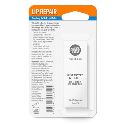 O'Keeffe's Cooling Relief Lip Repair Lip Balm for Dry, Cracked Lips, Stick,, (Pack of 1)