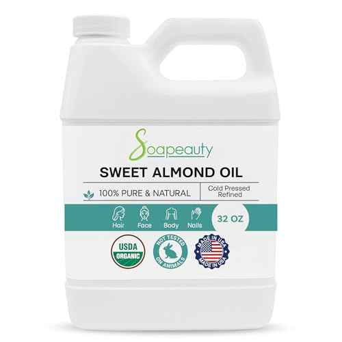 Soapeauty Sweet Almond Oil Cold Pressed Refined USDA Organic | 100% Pure & Natural Available in Bulk | Carrier for Essential Oils, Massage, Skin, Face, and Hair, Soap Making, DIY | 32 fl oz