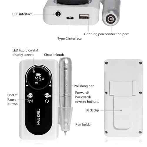 Yunir Electric Nail Drill Machine Portable, Rechargeable 45000rpm Speed Manicure Pedicure Kit, Nail Grinding Tool with Multiple Grinding Heads, for Nail Grind Trim Polish