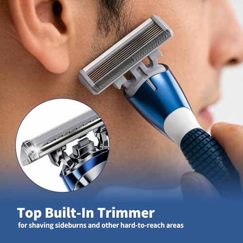 6-Blade Razor Refill Cartridges 4 Count, Professional Razor Blades for Men with Lubricating Strip, Wall Hook & Cleaning Brush Included for Smooth Shaving with Matching Handle
