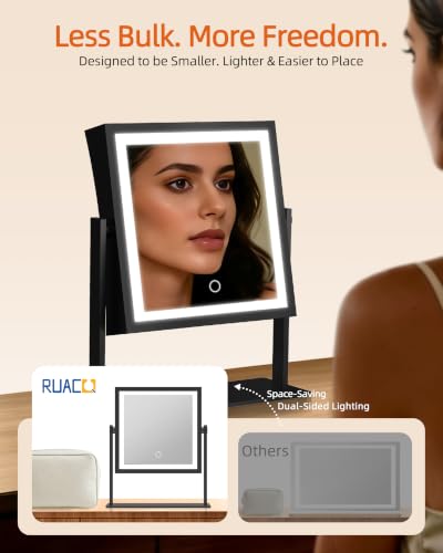 Ruacq Matte Black Dual-Sided Makeup Mirror 1X/10X with Lights - Rechargeable