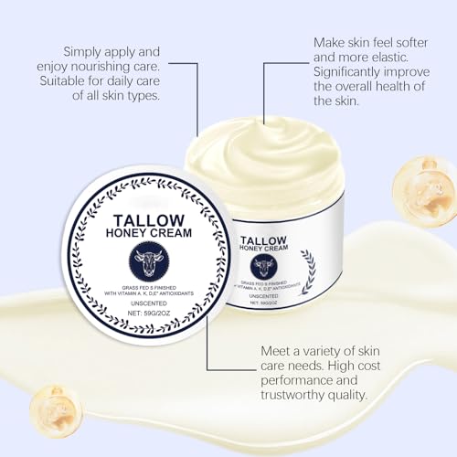 Beef Tallow and Honey Balm, Beef Tallow for Skin, Natural Ingredient Whipped Beef Tallow and Honey Balm Moisturizer for Face and Body Skin