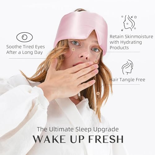 100% Natural Silk Eye Mask for Women Men, Soft Pressureless Cooling Blackout Eye Covers for Sleeping, Large Size Sleep Mask fits All Heads Adjustable, Lotus Pink