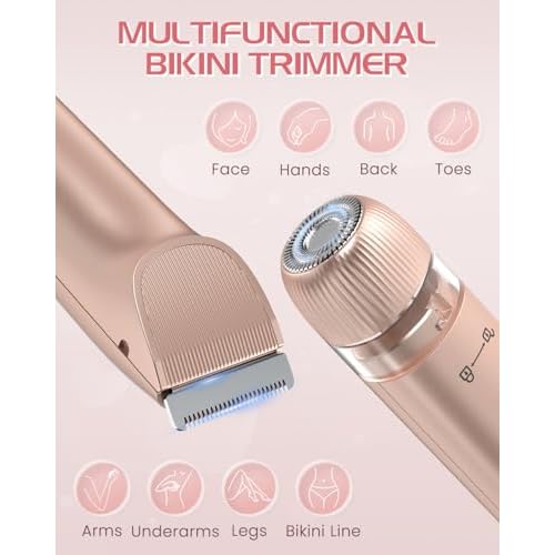 Bikini Trimmer for Women, Painless Dual Head Shaver for Sensitive Skin, IPX7 Waterproof for Safe Shower, USB-C, Detachable Head, Portable 2 in 1 Electric Razors for Pubic Hair, Rose Gold