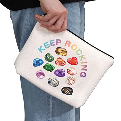 G2TUP Geologist Gift Keep Rocking Makeup Bag Geology Cosmetic Bag Rock Mineral Collector Gift Geology Lover Gift Zipper Travel Bag (Keep Rocking White Bag)