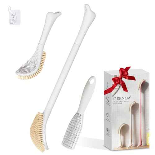 New Foot Brush & Foot File Set(2PCS), 3-in-1 Foot Scrubber in Shower, 10.2¡¯¡¯-27.5¡¯¡¯Adjustable Long Handle Foot Scrub Brush and Upgrade Foot File Callus Remover, Gift-Box Packed(White Set)