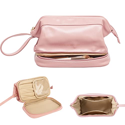 Large Makeup Bag, Double Layer Cosmetic Bag, Leather Make Up Bag with Brush Organizer, Portable Travel Makeup Bag, Makeup Organizer Bag Toiletry Bag for Women and Girls (Pink)