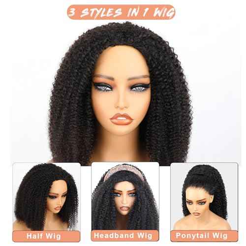 Domiso Afro Kinky Curly 3 In 1 Half Wig Seamless Kinky Curly Flip Over Beginner Friendly Human Hair Natural Hairline Glueless Invisible Hairline Drawstring Band Clip in Wig 22 Inch