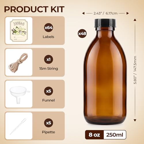 48-Pack 8oz Amber Glass Bottles with Caps & Labels for Extracts