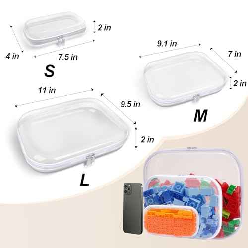 Clear Hard Plastic Zipper Case,Transparent Double Zippers Hard Pouch with 3pcs,Portable Travel Organizer Bin for Toy Storage