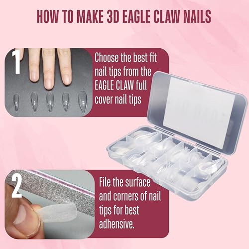 NOVO OVO 3D Eagle Claw nails kit, 1 Full Cover Curved Stiletto Nail tips (120pcs) with 2 Solid Sulpture Gel Glue (20ml each), to Make Press on x Extension Acrylic Hawk Raptor Sharp Fake Cosplay Nails