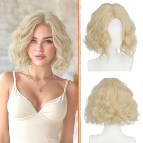 Blonde Short Wavy Lace Front Bob Wig for Women - 11 Inch Synthetic Hair