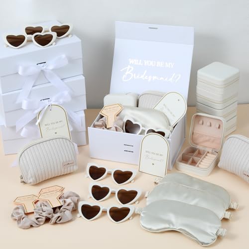 43 Pcs Bridesmaid Proposal Gifts Set of 6 Bridesmaid Boxes Bulk Will You Be My Maid of Honor Gift with Makeup Bag Case Eye Mask Glasses Hair Scrunchies Gift Box for Wedding Bride Shower(Beige)