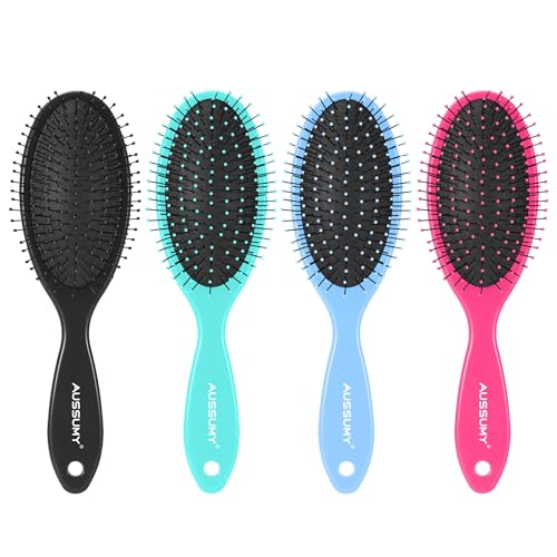 Aussumy 4 Pack Detangling Hair Brush Set with Soft Bristles - Black, Green, Blue, Red