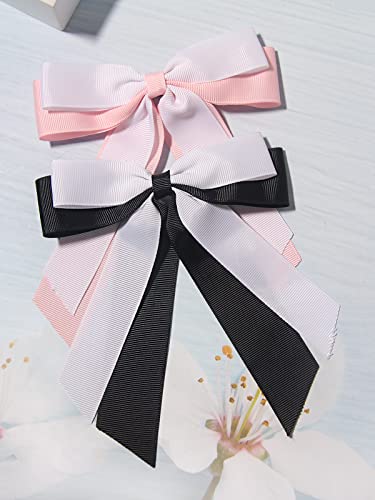 XFYUZR Women Bow Hair Clip Ribbon Ponytail Clips Long Tail Barrette Double Bow Hair Clips for Girl Teens Kids Softball Cheerleader Hair Accessories 2pcs(Black Pink)