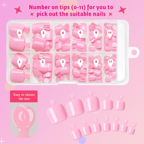 AddFavor Pink Press On Toenails - 144pcs 12 Sizes
