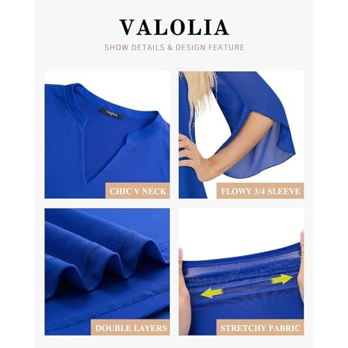 VALOLIA Women's 3/4 Sleeve Floral Tunic Tops V Neck Double Layers Loose Fit Mesh Blouses Shirt