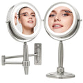 OVENTE 7'' Lighted Makeup Mirror with 1X/8X Magnification, Cordless Multi-Functional Round Vanity Mirror with 360¡Æ Swivel Design, Double Sided and Three Toned LED Lights, Nickel Brushed MFM70BR1X8X