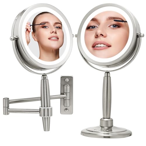 OVENTE 7'' Lighted Makeup Mirror with 1X/8X Magnification, Cordless Multi-Functional Round Vanity Mirror with 360¡Æ Swivel Design, Double Sided and Three Toned LED Lights, Nickel Brushed MFM70BR1X8X