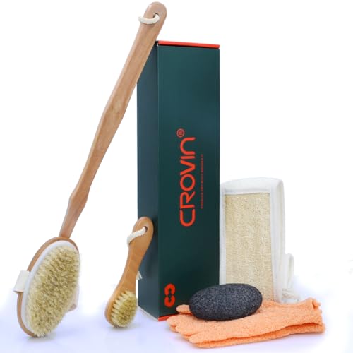 Dry Brushing Body Brush with Natural Boar Bristle Dry Brush for Exfoliating Loofah Body Scrubber - Face Brush -Bath and Shower Gloves - Pumice Stone Foot Scrub - Men and Women (Pack of 5)