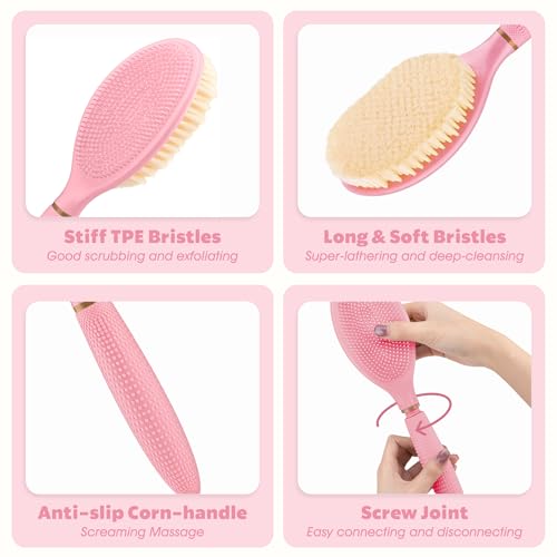 New Foot Brush & Back Scrubber Set 2PCS, 10.2''- 27.5'' Adjustable Foot Scrubber for Shower, 18.9'' Shower Back Scrubber with 3-Length Usage, Great Aid for People with Limited Mobility(Pink)