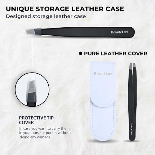 BeautéLux Black Premium Slant Tip Eyebrow Tweezer – Stainless Steel, Leather Case