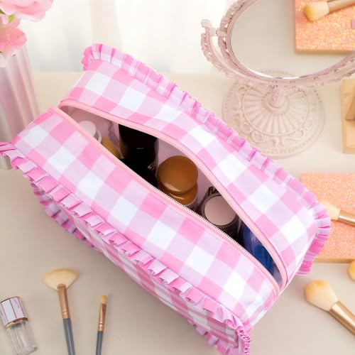 Large Pink Gingham Ruffle Makeup Bag - Stylish Travel Organizer